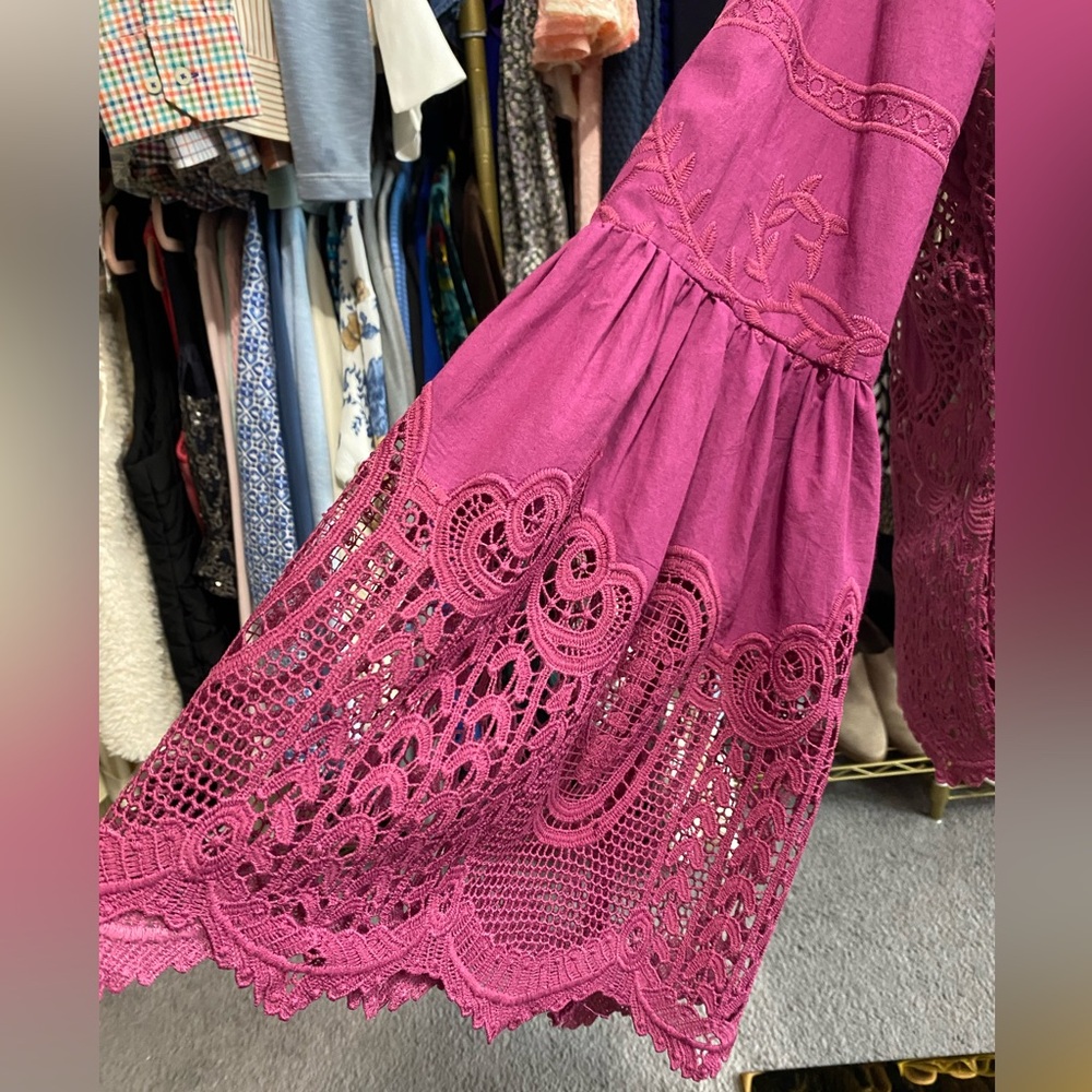Chloe Oliver Anthropologie Magenta Pink Bell Sleeve Lace Crochet Blouse Top - Picture 5 of 11